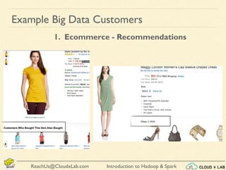 Introduction to Hadoop & SparkReachUs@CloudxLab.com
1. Ecommerce - Recommendations
Example Big Data Customers
 