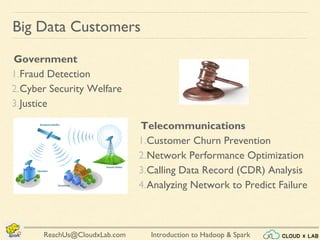Introduction to Hadoop & SparkReachUs@CloudxLab.com
Big Data Customers
Telecommunications
1.Customer Churn Prevention
2.Network Performance Optimization
3.Calling Data Record (CDR) Analysis
4.Analyzing Network to Predict Failure
Government
1.Fraud Detection
2.Cyber Security Welfare
3.Justice
 