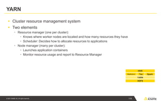 © 2021 KNIME AG. All rights reserved.
YARN
▪ Cluster resource management system
▪ Two elements
▪ Resource manager (one per cluster):
▪ Knows where worker nodes are located and how many resources they have
▪ Scheduler: Decides how to allocate resources to applications
▪ Node manager (many per cluster):
▪ Launches application containers
▪ Monitor resource usage and report to Resource Manager
HDFS
YARN
Spark
Tez
MapReduce
HIVE
110
 