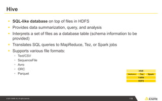 © 2021 KNIME AG. All rights reserved.
Hive
▪ SQL-like database on top of files in HDFS
▪ Provides data summarization, query, and analysis
▪ Interprets a set of files as a database table (schema information to be
provided)
▪ Translates SQL queries to MapReduce, Tez, or Spark jobs
▪ Supports various file formats:
▪ Text/CSV
▪ SequenceFile
▪ Avro
▪ ORC
▪ Parquet
HDFS
YARN
Spark
Tez
MapReduce
HIVE
118
 