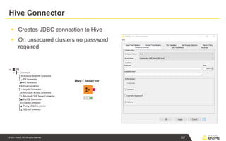© 2021 KNIME AG. All rights reserved.
Hive Connector
▪ Creates JDBC connection to Hive
▪ On unsecured clusters no password
required
137
 