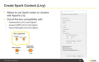 © 2021 KNIME AG. All rights reserved.
▪ Allows to use Spark nodes on clusters
with Apache Livy
▪ Out-of-the-box compatibility with:
▪ Hortonworks (v2.6.3 and higher)
▪ Amazon EMR (v5.9.0 and higher)
▪ Azure HDInsight (v3.6 and higher)
Also supported:
Create Spark Context (Livy)
166
 