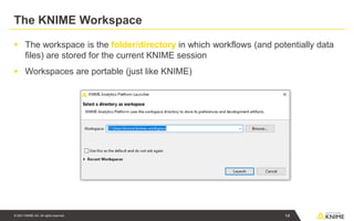 © 2021 KNIME AG. All rights reserved.
The KNIME Workspace
▪ The workspace is the folder/directory in which workflows (and potentially data
files) are stored for the current KNIME session
▪ Workspaces are portable (just like KNIME)
14
 