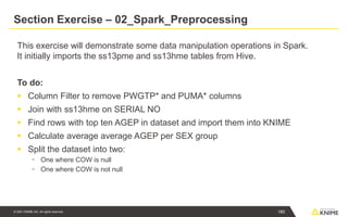 © 2021 KNIME AG. All rights reserved.
Section Exercise – 02_Spark_Preprocessing
This exercise will demonstrate some data manipulation operations in Spark.
It initially imports the ss13pme and ss13hme tables from Hive.
To do:
▪ Column Filter to remove PWGTP* and PUMA* columns
▪ Join with ss13hme on SERIAL NO
▪ Find rows with top ten AGEP in dataset and import them into KNIME
▪ Calculate average average AGEP per SEX group
▪ Split the dataset into two:
▪ One where COW is null
▪ One where COW is not null
180
 