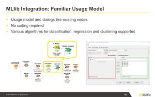 © 2021 KNIME AG. All rights reserved.
MLlib Integration: Familiar Usage Model
▪ Usage model and dialogs like existing nodes
▪ No coding required
▪ Various algorithms for classification, regression and clustering supported
185
 