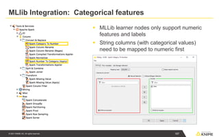 © 2021 KNIME AG. All rights reserved.
MLlib Integration: Categorical features
▪ MLLib learner nodes only support numeric
features and labels
▪ String columns (with categorical values)
need to be mapped to numeric first
187
 
