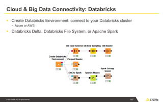 © 2021 KNIME AG. All rights reserved.
Cloud & Big Data Connectivity: Databricks
▪ Create Databricks Environment: connect to your Databricks cluster
▪ Azure or AWS
▪ Databricks Delta, Databricks File System, or Apache Spark
197
 