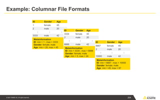 © 2021 KNIME AG. All rights reserved.
Metainformation
ID: min = 1 ; max = 3333
Gender: female; male
Age: min = 20; max = 45
Example: Columnar File Formats
ID Gender Age
1 female 45
2 male 20
⋮ ⋮ ⋮
3333 male 42
ID Gender Age
3334 female 45
2 male 20
⋮ ⋮ ⋮
6666 male 42
Metainformation
ID: min = 3334 ; max = 6666
Gender: female; male
Age: min = 5; max = 24
ID Gender Age
6667 female 45
2 male 20
⋮ ⋮ ⋮
10000 male 42
Metainformation
ID: min = 6667 ; max = 10000
Gender: female; male
Age: min = 45; max = 87
204
 