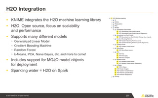 © 2021 KNIME AG. All rights reserved.
H2O Integration
▪ KNIME integrates the H2O machine learning library
▪ H2O: Open source, focus on scalability
and performance
▪ Supports many different models
▪ Generalized Linear Model
▪ Gradient Boosting Machine
▪ Random Forest
▪ k-Means, PCA, Naive Bayes, etc. and more to come!
▪ Includes support for MOJO model objects
for deployment
▪ Sparkling water = H2O on Spark
207
 