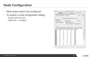 © 2021 KNIME AG. All rights reserved.
Node Configuration
▪ Most nodes need to be configured
▪ To access a node configuration dialog:
▪ Double-click the node
▪ Right-click -> Configure
26
 