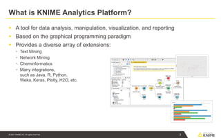 © 2021 KNIME AG. All rights reserved.
What is KNIME Analytics Platform?
▪ A tool for data analysis, manipulation, visualization, and reporting
▪ Based on the graphical programming paradigm
▪ Provides a diverse array of extensions:
▪ Text Mining
▪ Network Mining
▪ Cheminformatics
▪ Many integrations,
such as Java, R, Python,
Weka, Keras, Plotly, H2O, etc.
3
 