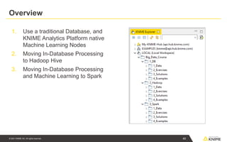 © 2021 KNIME AG. All rights reserved.
Overview
1. Use a traditional Database, and
KNIME Analytics Platform native
Machine Learning Nodes
2. Moving In-Database Processing
to Hadoop Hive
3. Moving In-Database Processing
and Machine Learning to Spark
40
 