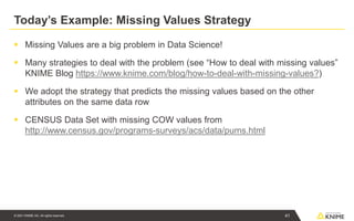 © 2021 KNIME AG. All rights reserved.
Tod y’s mp e: Missing V ues r egy
▪ Missing Values are a big problem in Data Science!
▪ Many strategies to deal with the problem (see “How to deal with missing values”
KNIME Blog https://www.knime.com/blog/how-to-deal-with-missing-values?)
▪ We adopt the strategy that predicts the missing values based on the other
attributes on the same data row
▪ CENSUS Data Set with missing COW values from
http://www.census.gov/programs-surveys/acs/data/pums.html
41
 