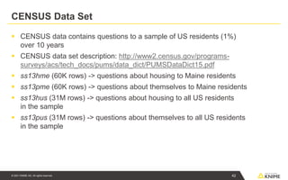 © 2021 KNIME AG. All rights reserved.
CENSUS Data Set
▪ CENSUS data contains questions to a sample of US residents (1%)
over 10 years
▪ CENSUS data set description: http://www2.census.gov/programs-
surveys/acs/tech_docs/pums/data_dict/PUMSDataDict15.pdf
▪ ss13hme (60K rows) -> questions about housing to Maine residents
▪ ss13pme (60K rows) -> questions about themselves to Maine residents
▪ ss13hus (31M rows) -> questions about housing to all US residents
in the sample
▪ ss13pus (31M rows) -> questions about themselves to all US residents
in the sample
42
 