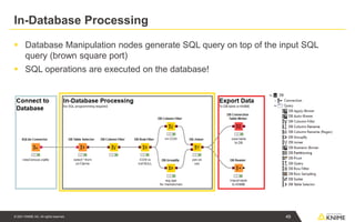© 2021 KNIME AG. All rights reserved.
In-Database Processing
▪ Database Manipulation nodes generate SQL query on top of the input SQL
query (brown square port)
▪ SQL operations are executed on the database!
49
 