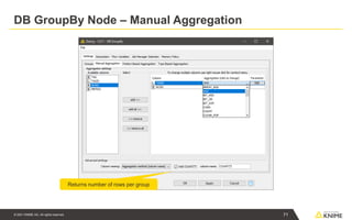 © 2021 KNIME AG. All rights reserved.
DB GroupBy Node – Manual Aggregation
Returns number of rows per group
71
 