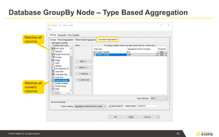 © 2021 KNIME AG. All rights reserved.
Database GroupBy Node – Type Based Aggregation
73
Matches all
columns
Matches all
numeric
columns
 