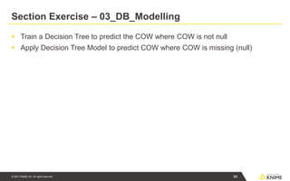 © 2021 KNIME AG. All rights reserved.
Section Exercise – 03_DB_Modelling
▪ Train a Decision Tree to predict the COW where COW is not null
▪ Apply Decision Tree Model to predict COW where COW is missing (null)
88
 