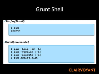 Grunt Shell
!Star/ ng$Grunt$
!Useful$commands:$
Using"the"Grunt"Shell"to"Run"PigLa@n"
$ pig -help (or -h)
$ pig -version (-i)
$ pig -execute (-e)
$ pig script.pig$
$ pig
grunt>
 