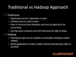 Traditional vs Hadoop Approach
• Traditional
– Application Server: Application resides
– Database Server: Data resides
– Data is retrieved from database and sent to application for
processing.
– Can become network and I/O intensive for GBs of data.
• Hadoop
– Distribute data on to multiple commodity hardware (data
nodes)
– Send application to data nodes instead and process data in
parallel.
 