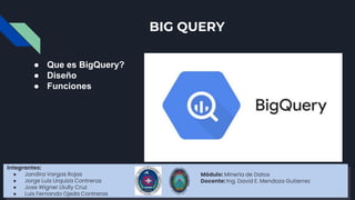 BIG QUERY
● Que es BigQuery?
● Diseño
● Funciones
Integrantes:
● Jandira Vargas Rojas
● Jorge Luis Urquiza Contreras
● Jose Wigner Lliully Cruz
● Luis Fernando Ojeda Contreras
Módulo: Mineria de Datos
Docente: Ing. David E. Mendoza Gutierrez
 