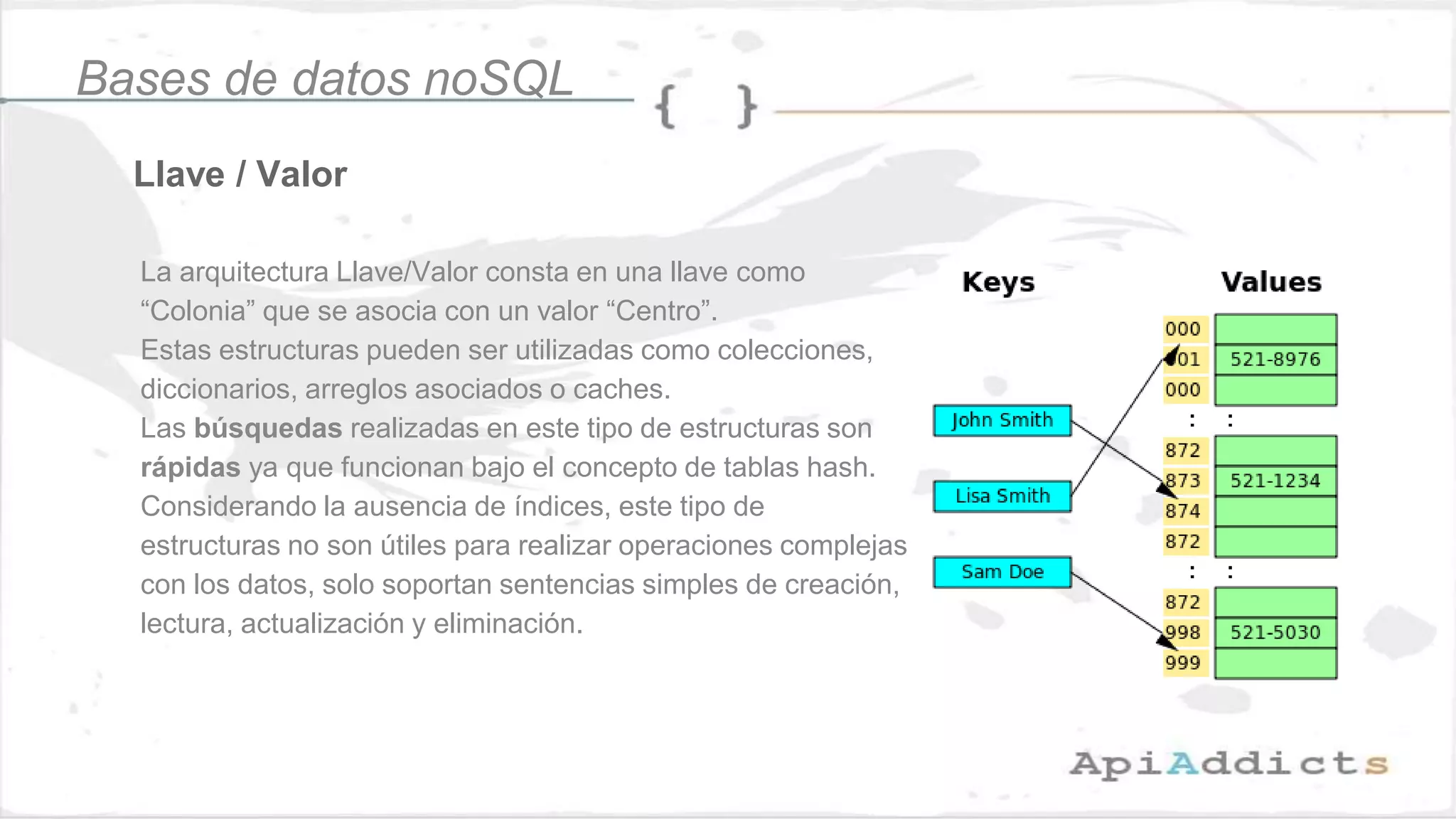 Llave / Valor
Bases de datos noSQL
La arquitectura Llave/Valor consta en una llave como
“Colonia” que se asocia con un valor “Centro”.
Estas estructuras pueden ser utilizadas como colecciones,
diccionarios, arreglos asociados o caches.
Las búsquedas realizadas en este tipo de estructuras son
rápidas ya que funcionan bajo el concepto de tablas hash.
Considerando la ausencia de índices, este tipo de
estructuras no son útiles para realizar operaciones complejas
con los datos, solo soportan sentencias simples de creación,
lectura, actualización y eliminación.
 
