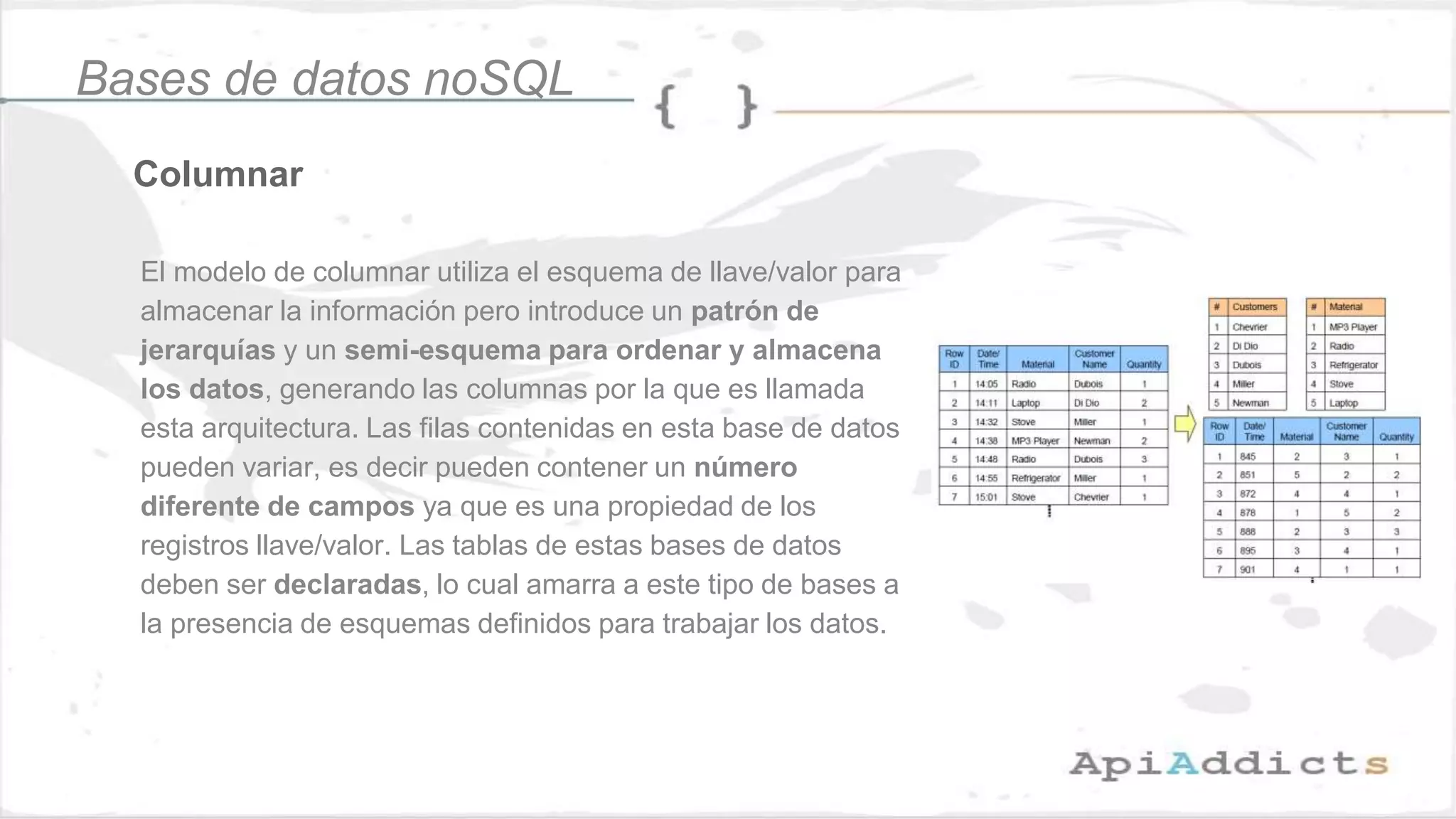 Columnar
Bases de datos noSQL
El modelo de columnar utiliza el esquema de llave/valor para
almacenar la información pero introduce un patrón de
jerarquías y un semi-esquema para ordenar y almacena
los datos, generando las columnas por la que es llamada
esta arquitectura. Las filas contenidas en esta base de datos
pueden variar, es decir pueden contener un número
diferente de campos ya que es una propiedad de los
registros llave/valor. Las tablas de estas bases de datos
deben ser declaradas, lo cual amarra a este tipo de bases a
la presencia de esquemas definidos para trabajar los datos.
 