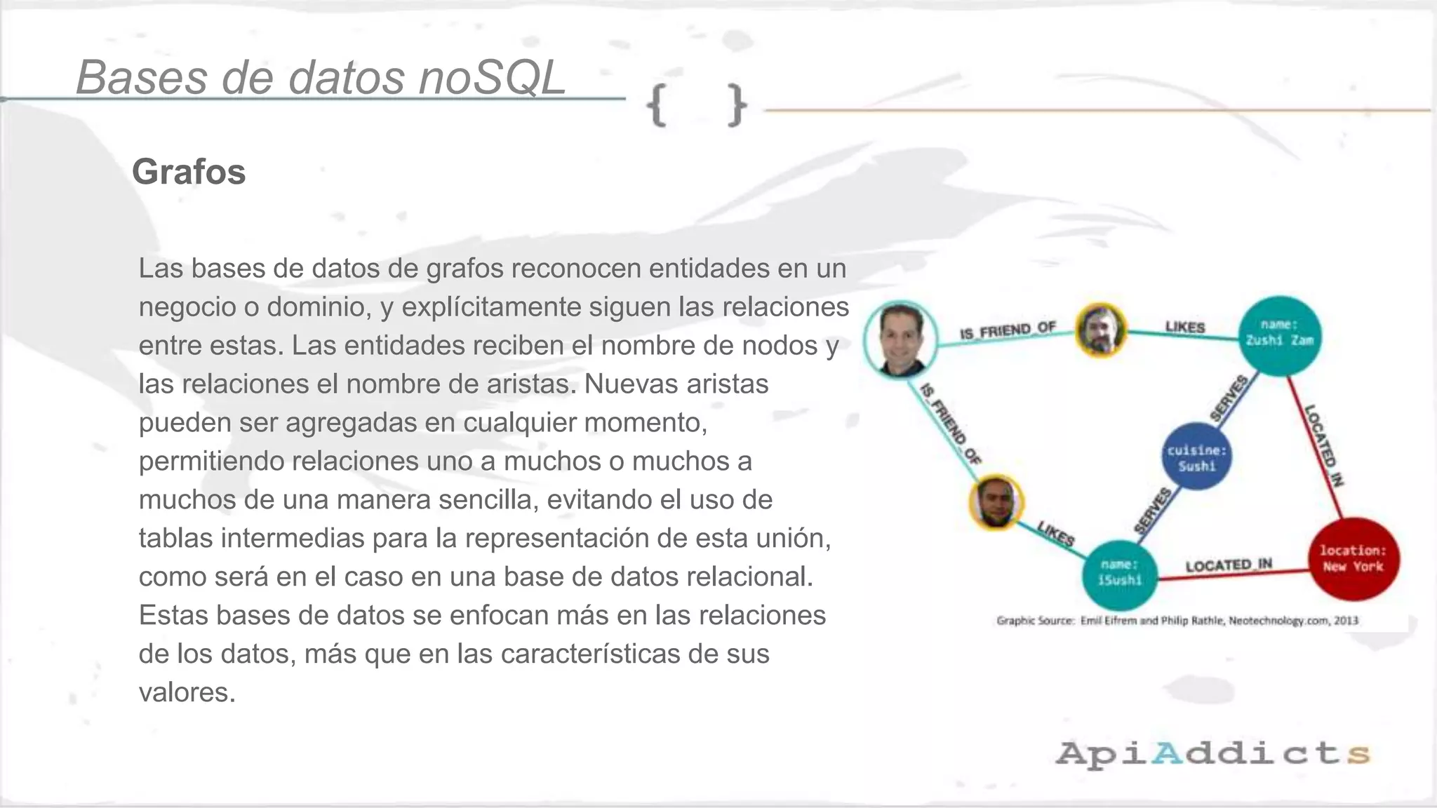 Grafos
Bases de datos noSQL
Las bases de datos de grafos reconocen entidades en un
negocio o dominio, y explícitamente siguen las relaciones
entre estas. Las entidades reciben el nombre de nodos y
las relaciones el nombre de aristas. Nuevas aristas
pueden ser agregadas en cualquier momento,
permitiendo relaciones uno a muchos o muchos a
muchos de una manera sencilla, evitando el uso de
tablas intermedias para la representación de esta unión,
como será en el caso en una base de datos relacional.
Estas bases de datos se enfocan más en las relaciones
de los datos, más que en las características de sus
valores.
 