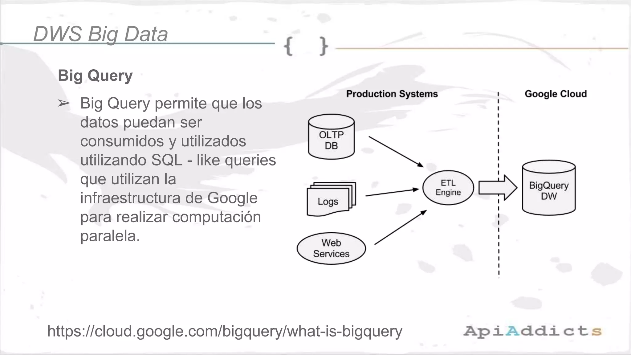 Big Query
➢ Big Query permite que los
datos puedan ser
consumidos y utilizados
utilizando SQL - like queries
que utilizan la
infraestructura de Google
para realizar computación
paralela.
DWS Big Data
https://cloud.google.com/bigquery/what-is-bigquery
 