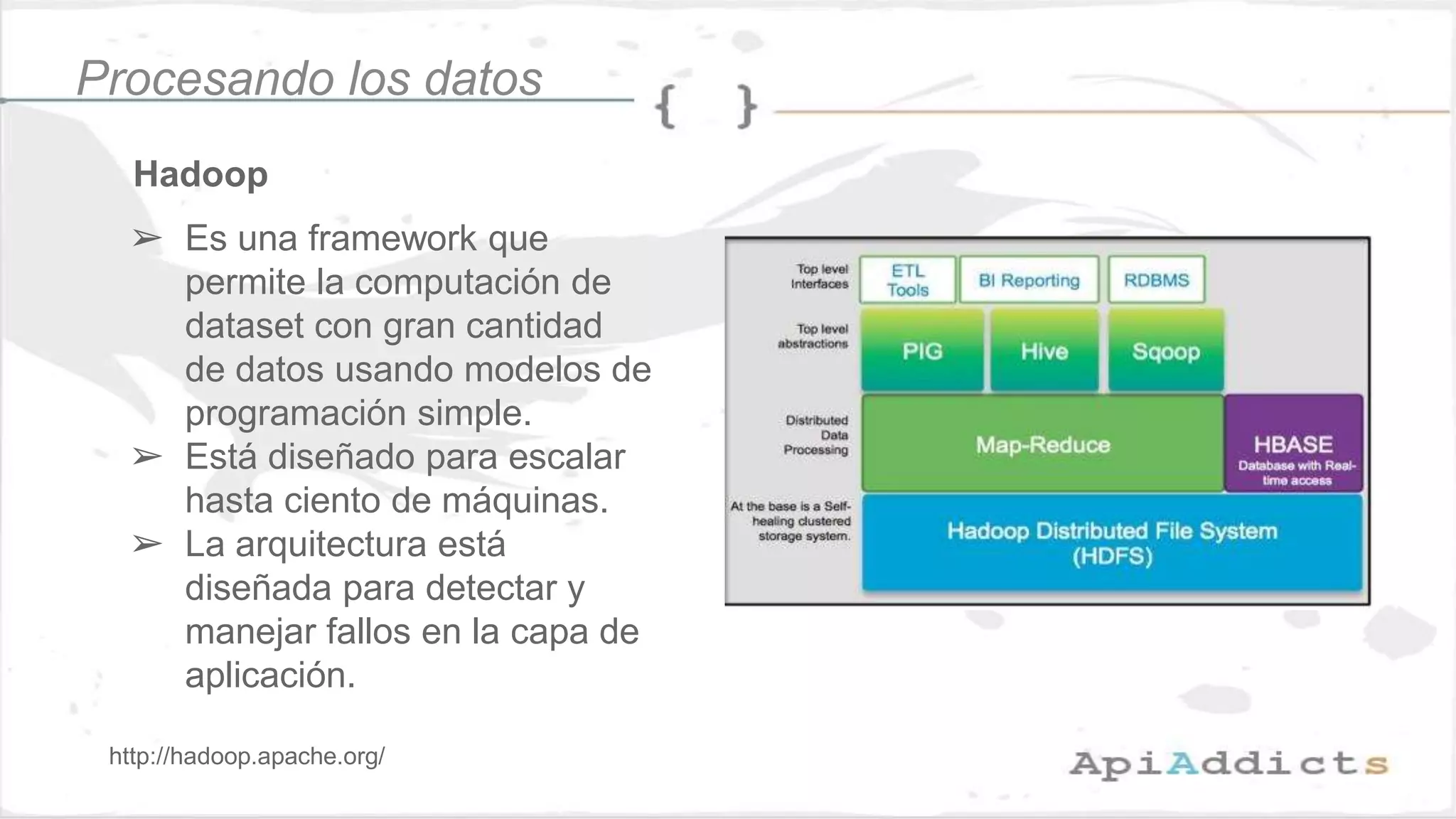 Hadoop
➢ Es una framework que
permite la computación de
dataset con gran cantidad
de datos usando modelos de
programación simple.
➢ Está diseñado para escalar
hasta ciento de máquinas.
➢ La arquitectura está
diseñada para detectar y
manejar fallos en la capa de
aplicación.
Procesando los datos
http://hadoop.apache.org/
 