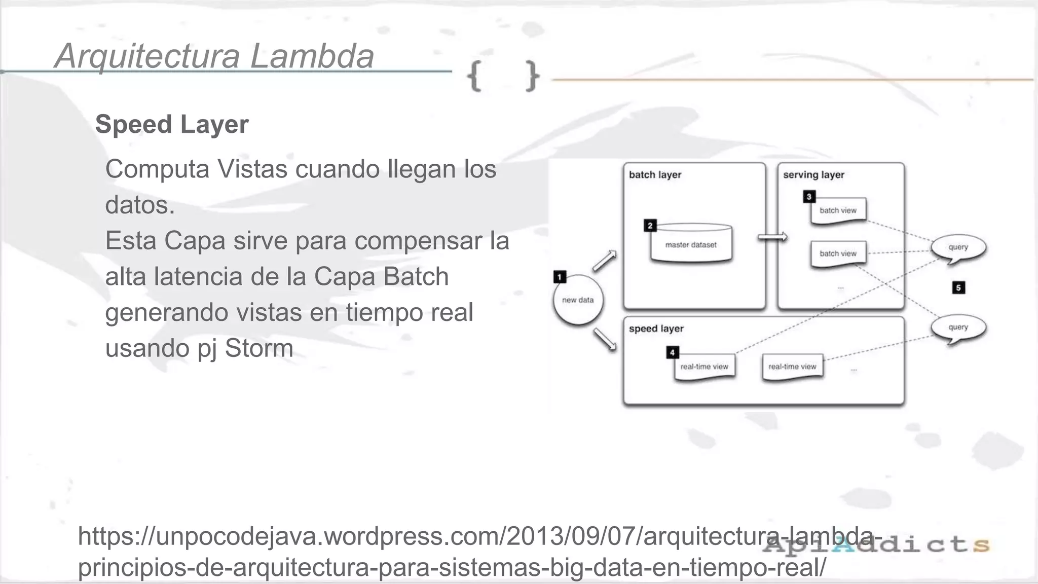 Speed Layer
Computa Vistas cuando llegan los
datos.
Esta Capa sirve para compensar la
alta latencia de la Capa Batch
generando vistas en tiempo real
usando pj Storm
Arquitectura Lambda
https://unpocodejava.wordpress.com/2013/09/07/arquitectura-lambda-
principios-de-arquitectura-para-sistemas-big-data-en-tiempo-real/
 