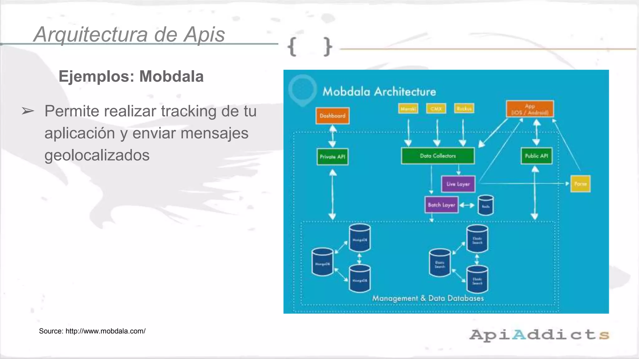 Ejemplos: Mobdala
Arquitectura de Apis
➢ Permite realizar tracking de tu
aplicación y enviar mensajes
geolocalizados
Source: http://www.mobdala.com/
 