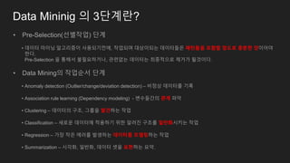 Data Mininig 의 3단계란?
• Pre-Selection(선별작업) 단계
• 데이터 마이닝 알고리즘이 사용되기전에, 작업되며 대상이되는 데이터들은 패턴들을 포함할 정도로 충분한 양이어야
한다.
Pre-Selection 을 통해서 불필요하거나, 관련없는 데이터는 최종적으로 제거가 될것이다.
• Data Mining의 작업순서 단계
• Anomaly detection (Outlier/change/deviation detection) – 비정상 데이터를 기록
• Association rule learning (Dependency modeling) - 변수들간의 관계 파악
• Clustering – 데이터의 구조, 그룹을 발견하는 작업
• Classification – 새로운 데이터에 적용하기 위한 알려진 구조를 일반화시키는 작업
• Regression – 가장 작은 에러를 발생하는 데이터를 모델링하는 작업
• Summarization – 시각화, 일반화, 데이터 셋을 표현하는 요약.
 