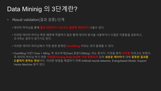 Data Mininig 의 3단계란?
• Result validation(결과 검증) 단계
• 데이터 마이닝을 통해 좋은 데이터가 나오거나 잘못된 데이터가 나올수 있다.
• 이러한 데이터 마이닝 특징 때문에 적절하지 않은 통계 데이터 방식을 사용하거나 수많은 이론들을 검토하고,
조사하는 경우가 생기기도 한다.
• 이러한 데이터 마이닝에서 가장 흔한 문제인 Overfitting 이라는 것이 발생할 수 있다.
• Overfitting 이란? Over + fitting, 즉 과도하게(Over) 맞춘다(fitting). 라는 뜻이다. 이것을 흔히 과적합 이라고도 부른다.
즉 데이터 마이닝 하기 위한 자료들(Testing Data Set)에 너무 맞춰어져 있어 새로운 데이터에 대해 잘못된 결과를
도출하지 못하는 현상이다. 이러한 방법을 해결하기 위해 Artificail neural networks, Evergybased Model, Support
Vector Machine 등이 있다.
 
