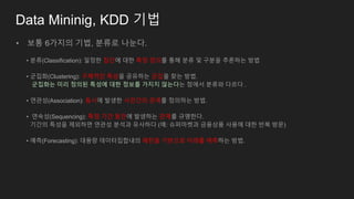 Data Mininig, KDD 기법
• 보통 6가지의 기법, 분류로 나눈다.
• 분류(Classification): 일정한 집단에 대한 특정 정의를 통해 분류 및 구분을 추론하는 방법
• 군집화(Clustering): 구체적인 특성을 공유하는 군집을 찾는 방법.
군집화는 미리 정의된 특성에 대한 정보를 가지지 않는다는 점에서 분류와 다르다 .
• 연관성(Association): 동시에 발생한 사건간의 관계를 정의하는 방법.
• 연속성(Sequencing): 특정 기간 동안에 발생하는 관계를 규명한다.
기간의 특성을 제외하면 연관성 분석과 유사하다 (예: 슈퍼마켓과 금융상품 사용에 대한 반복 방문)
• 예측(Forecasting): 대용량 데이터집합내의 패턴을 기반으로 미래를 예측하는 방법.
 