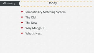 today
Compatibility Matching System
The Old
The New
Why MongoDB
What’s Next
 