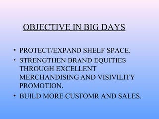 OBJECTIVE IN BIG DAYS
• PROTECT/EXPAND SHELF SPACE.
• STRENGTHEN BRAND EQUITIES
THROUGH EXCELLENT
MERCHANDISING AND VISIVILITY
PROMOTION.
• BUILD MORE CUSTOMR AND SALES.
 