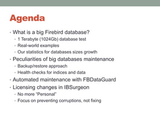 AgendaWhat is a big Firebird database?1 Terabyte (1024Gb) database testReal-world examplesOur statistics for databases sizes growthPeculiarities of big databases maintenanceBackup/restore approachHealth checks for indices and dataAutomated maintenance with FBDataGuardLicensing changes in IBSurgeonNo more “Personal”Focus on preventing corruptions, not fixing
