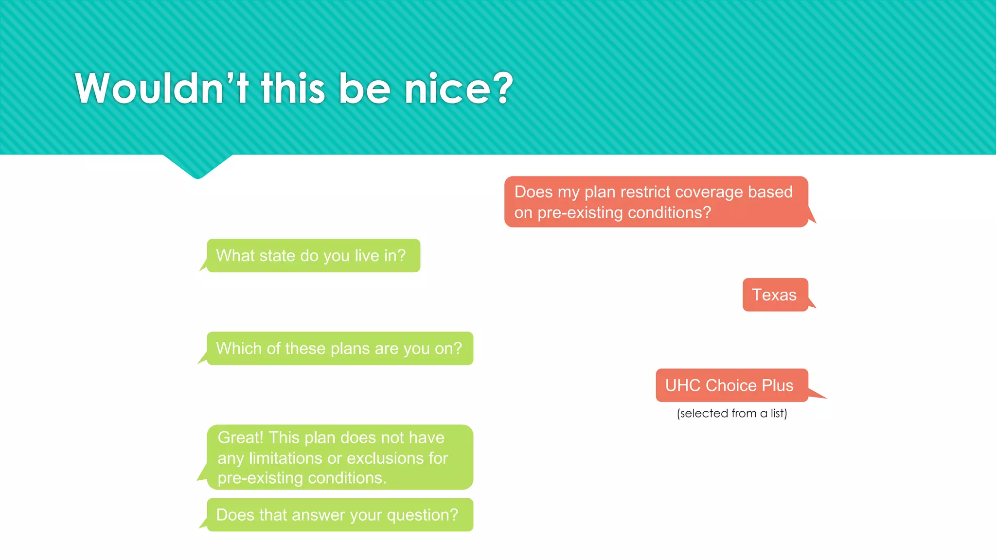 Wouldn’t this be nice?
Does my plan restrict coverage based
on pre-existing conditions?
What state do you live in?
Texas
Which of these plans are you on?
UHC Choice Plus
(selected from a list)
Great! This plan does not have
any limitations or exclusions for
pre-existing conditions.
Does that answer your question?
 