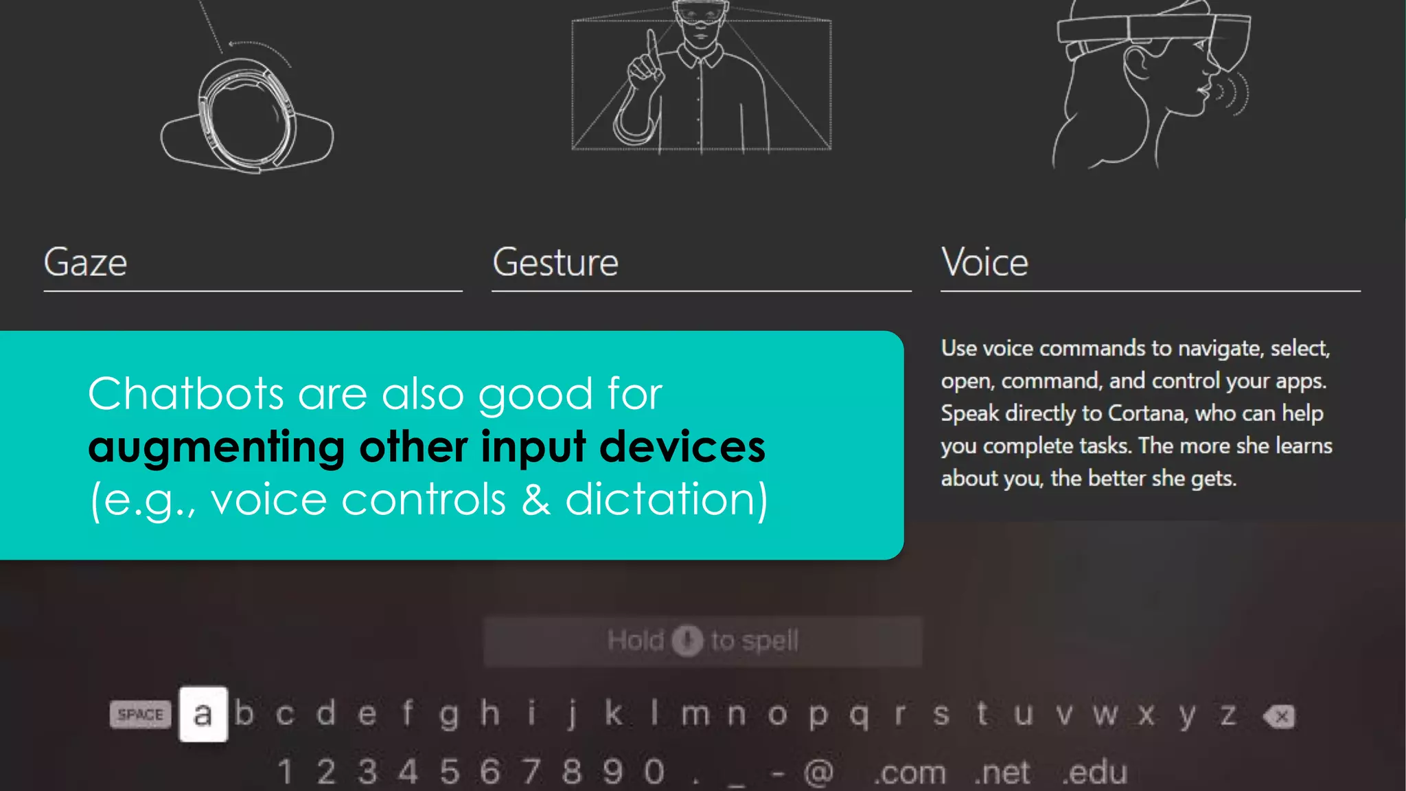 Chatbots are also good for
augmenting other input devices
(e.g., voice controls & dictation)
 