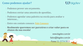Como podemos ajudar?
- Podemos prover um orçamento.
- Podemos enviar uma amostra de apostilas..
- Podemos agendar uma palestra na escola para avaliar o
interesse...
- Entre em contato conosco: Fale Conosco
- Realmente queremos ser parceiros e criar valor para os
alunos da sua escola!
www.bigdev.com.br
fabio@bigdev.com.br
Fone: 11-3774-5621
 