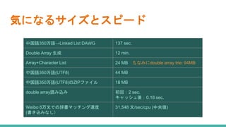 気になるサイズとスピード
中国語350万語→Linked List DAWG 137 sec.
Double Array 生成 12 min.
Array+Character List 24 MB ちなみにdouble array trie: ...