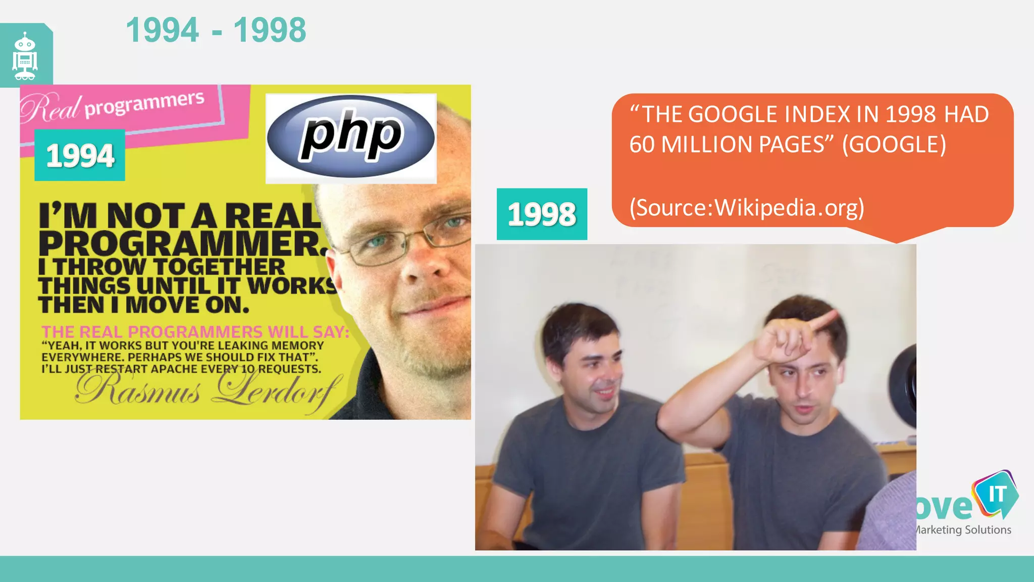 1994  -­ 1998
“THE	
  GOOGLE	
  INDEX	
  IN	
  1998	
  HAD	
  
60	
  MILLION	
  PAGES”	
  (GOOGLE)	
  
(Source:Wikipedia.org)
 