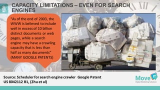 “As	
  of	
  the	
  end	
  of	
  2003,	
  the	
  
WWW	
  is	
  believed	
  to	
  include	
  
well	
  in	
  excess	
  of	
  10	
  billion	
  
distinct	
  documents	
  or	
  web	
  
pages,	
  while	
  a	
  search	
  
engine	
  may	
  have	
  a	
  crawling	
  
capacity	
  that	
  is	
  less	
  than	
  
half	
  as	
  many	
  documents”	
  
(MANY	
  GOOGLE	
  PATENTS)
CAPACITY  LIMITATIONS  – EVEN  FOR  SEARCH  
ENGINES
Source:	
  Scheduler	
  for	
  search	
  engine	
  crawler Google	
  Patent
US	
  8042112	
  B1,	
  (Zhu	
  et	
  al)
 