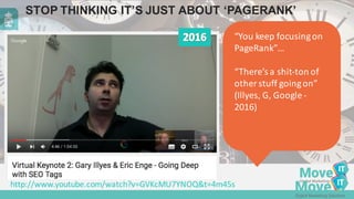 STOP  THINKING  IT’S  JUST  ABOUT  ‘PAGERANK’
http://www.youtube.com/watch?v=GVKcMU7YNOQ&t=4m45s
“You	
  keep	
  focusing	
  on	
  
PageRank”…
“There’s	
  a	
  shit-­‐ton	
  of	
  
other	
  stuff	
  going	
  on”	
  
(Illyes,	
  G,	
  Google	
  -­‐
2016)
 
