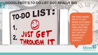 WE  NEED  MORE
WAYS  TO  GET
MORE  EFFICIENT
AND  FILTER  OUT
TIME-­WASTING
CRAWLING  SO  
WE  CAN  FIND  
IMPORTANT  
CHANGES  
QUICKLY
GOOGLEBOT’S  TO-­DO  LIST  GOT  REALLY  BIG
 