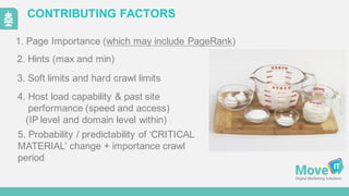 CONTRIBUTING  FACTORS
1.  Page  Importance  (which  may  include  PageRank)
3.  Soft  limits  and  hard  crawl  limits
4.  Host  load  capability  &  past  site  
performance  (speed  and  access)  
(IP  level  and  domain  level  within)
2.  Hints  (max  and  min)
5.  Probability  /  predictability  of  ‘CRITICAL
MATERIAL’  change  +  importance  crawl  
period
 