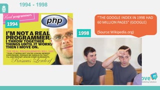 1994  -­ 1998
“THE	
  GOOGLE	
  INDEX	
  IN	
  1998	
  HAD	
  
60	
  MILLION	
  PAGES”	
  (GOOGLE)	
  
(Source:Wikipedia.org)
 