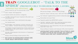 Revisit	
  ‘Votes	
  for	
  self’	
  via	
  internal	
  links	
  in	
  GSC
Clear	
  ‘unique’	
  URL	
  fingerprints
Improve	
  whole	
  site	
  sections	
  /	
  categories
Use	
  XML	
  sitemaps	
  for	
  your	
  important	
  URLs	
  (don’t	
  put	
  
everything	
  on	
  it)
Use	
  ‘mega	
  menus’	
  (very	
  selectively)	
  to	
  key	
  pages
Use	
  ‘breadcrumbs’
Build	
  ‘bridges’	
  and	
  ‘shortcuts’	
  via	
  html	
  sitemaps	
  and	
  
‘cross	
  modular’	
  ‘related’	
  internal	
  linking	
  to	
  key	
  pages
Consolidate	
  (merge)	
  important	
  but	
  similar	
  content	
  (e.g.	
  
merge	
  FAQs	
  or	
  ‘low	
  search	
  volume’	
  content	
  into	
  other	
  
relevant	
  pages)
Consider	
  flattening	
  your	
  site	
  structure	
  so	
  ‘importance’	
  
flows	
  further
Reduce	
  internal	
  linking	
  to	
  lower	
  priority	
  URLs
BE	
  CLEAR	
  TO	
  GOOGLEBOT	
  WHICH	
  ARE	
  
YOUR	
  MOST	
  IMPORTANT	
  PAGES
Not	
  just	
  any	
  change	
  – Critical	
  material	
  change
Keep	
  the	
  ‘action’	
  in	
  the	
  key	
  areas -­‐ NOT	
  JUST	
  THE	
  BLOG
Use	
  ‘relevant	
  ‘supplementary	
  content	
  to	
  keep	
  key	
  pages	
  ‘fresh’
Remember	
  min	
  crawl	
  ‘hints’
Regularly	
  update	
  key	
  IMPORTANT	
  content
Consider	
  ‘updating’	
  rather	
  than	
  replacing	
  seasonal	
  content	
  
URLs	
  (e.g.	
  annual	
  events).	
  	
  Append	
  and	
  update.
Build	
  ‘dynamism’	
  and	
  ‘interactivity’	
  into	
  your	
  web	
  development	
  
(sites	
  that	
  ‘move’	
  win)
Keep	
  working	
  to	
  improve	
  and	
  make	
  your	
  URLs	
  more	
  important
GOOGLEBOT	
  GOES	
  WHERE	
  THE	
  ACTION	
  IS	
  AND	
  
IS	
  LIKELY	
  TO	
  BE	
  IN	
  THE	
  FUTURE	
  (AS	
  LONG	
  AS	
  
THOSE	
  URLS	
  ARE	
  NOT	
  UNIMPORTANT)
TRAIN GOOGLEBOT – ‘TALK TO THE
SPIDER’ (PROMOTE URLS TO HIGHER CRAWL LAYERS)
EMPHASISE	
  PAGE	
  IMPORTANCE	
  	
  	
   TRAIN	
  ON	
  CHANGE
 