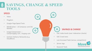 SAVINGS, CHANGE & SPEED
TOOLS
• GSC	
  Index	
  levels	
  (over	
  indexation	
  checks)
• GSC	
  Crawl	
  stats
• Last	
  Accessed	
  Tools	
  (versus	
  competitors)
• Server	
  logs
• Keyword	
  Tools
SAVINGS	
  &	
  CHANGE
SPEED
• Yslow
• Pingdom
• Google	
  Page	
  Speed	
  Tests
• Minificiation – JS	
  Compress	
  and	
  CSS	
  
Minifier
• Image	
  Compression	
   –
Compressjpeg.com,	
   tinypng.com
• Content	
  Delivery	
  Networks	
  (e.g.	
  
Cloudflare)
 